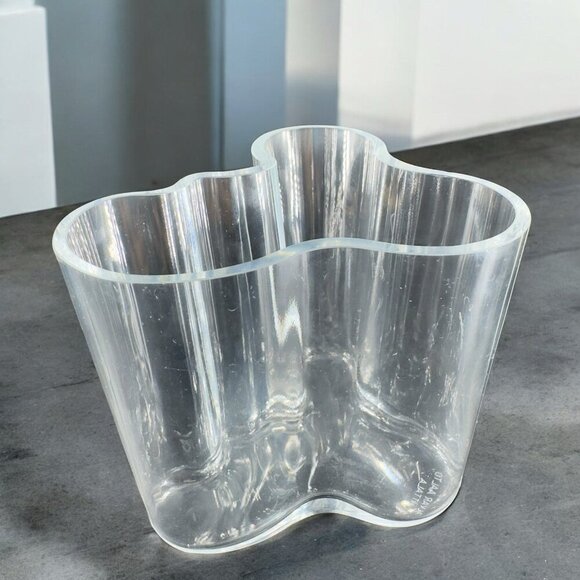 Iittala Finland Alvar Aalto Wavy Edges Signed Vase Bowl Dish Clear Crystal Glass - Picture 1 of 15